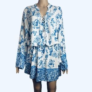 Blue Island Floral Patterned Delft Blue Scandinavian Dress Tunic Beach Cover-up